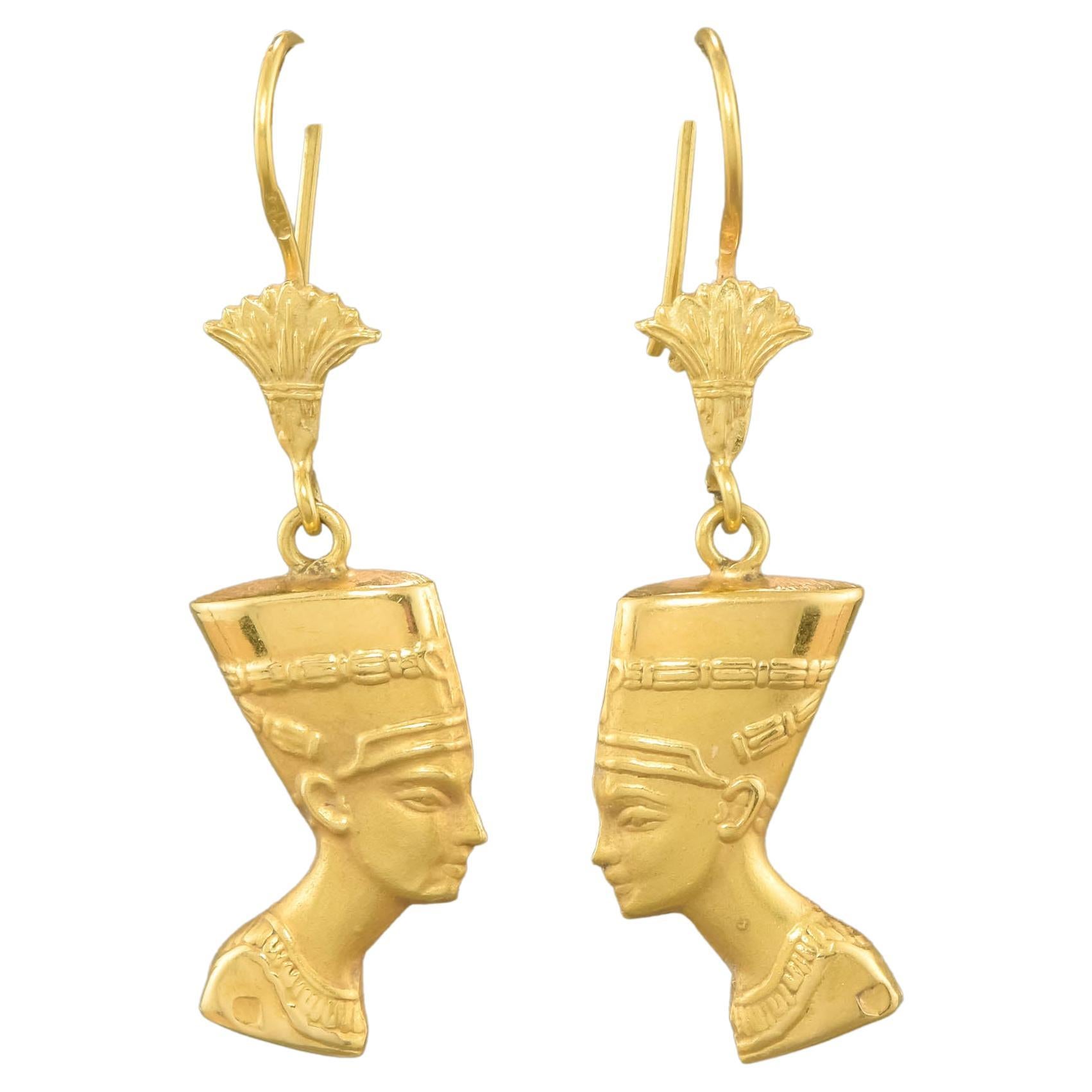18K Gold Nefertiti Dangle Earrings with Lotus Flowers & Latching Ear Wires For Sale