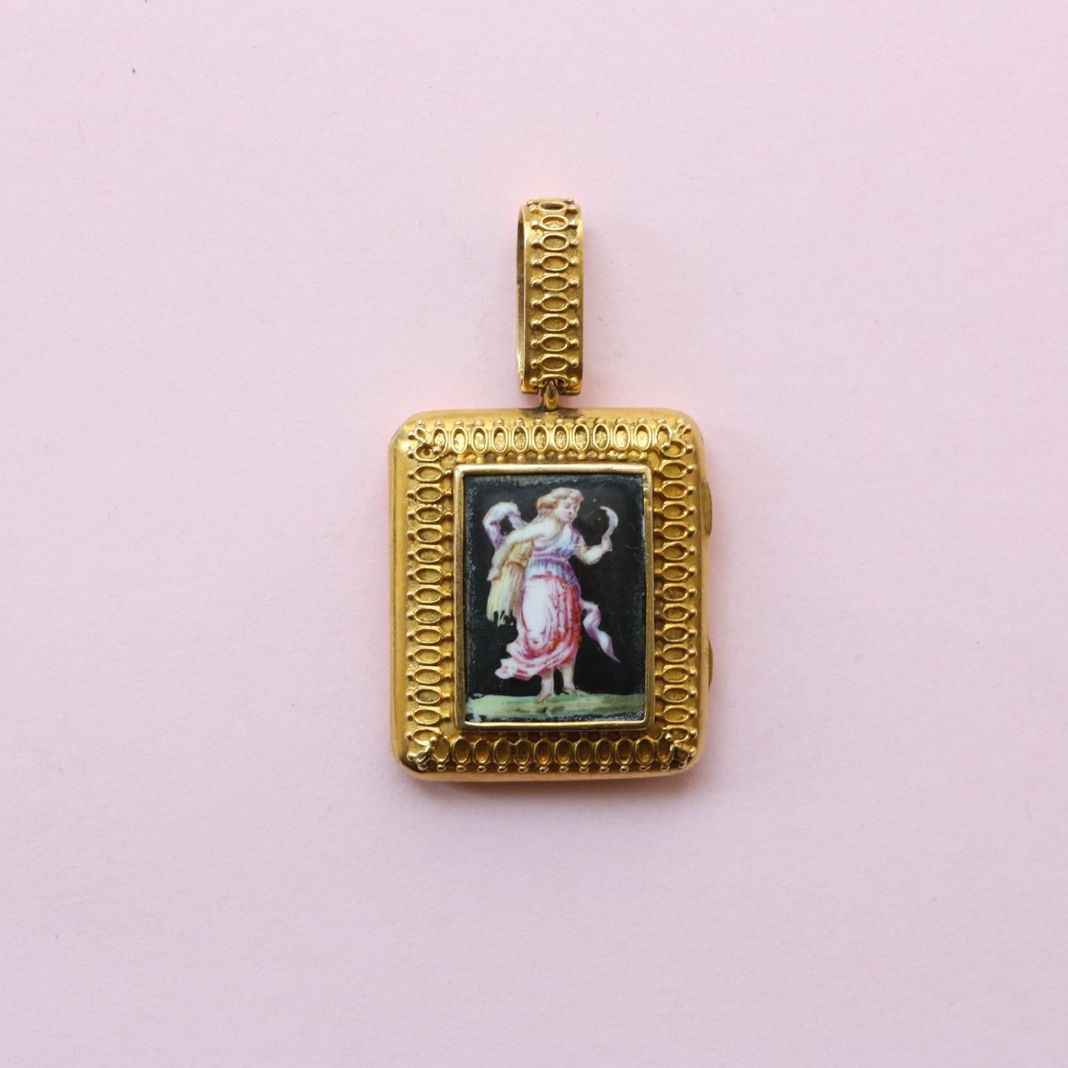 An 18 carat gold neo-classical rectangular locket with a porcelain plaque of Demeter harvesting grain, a border and large hoop with gold wire with one glassed and hinged compartment, France, marked with a tête de cheval and masters mark, circa
