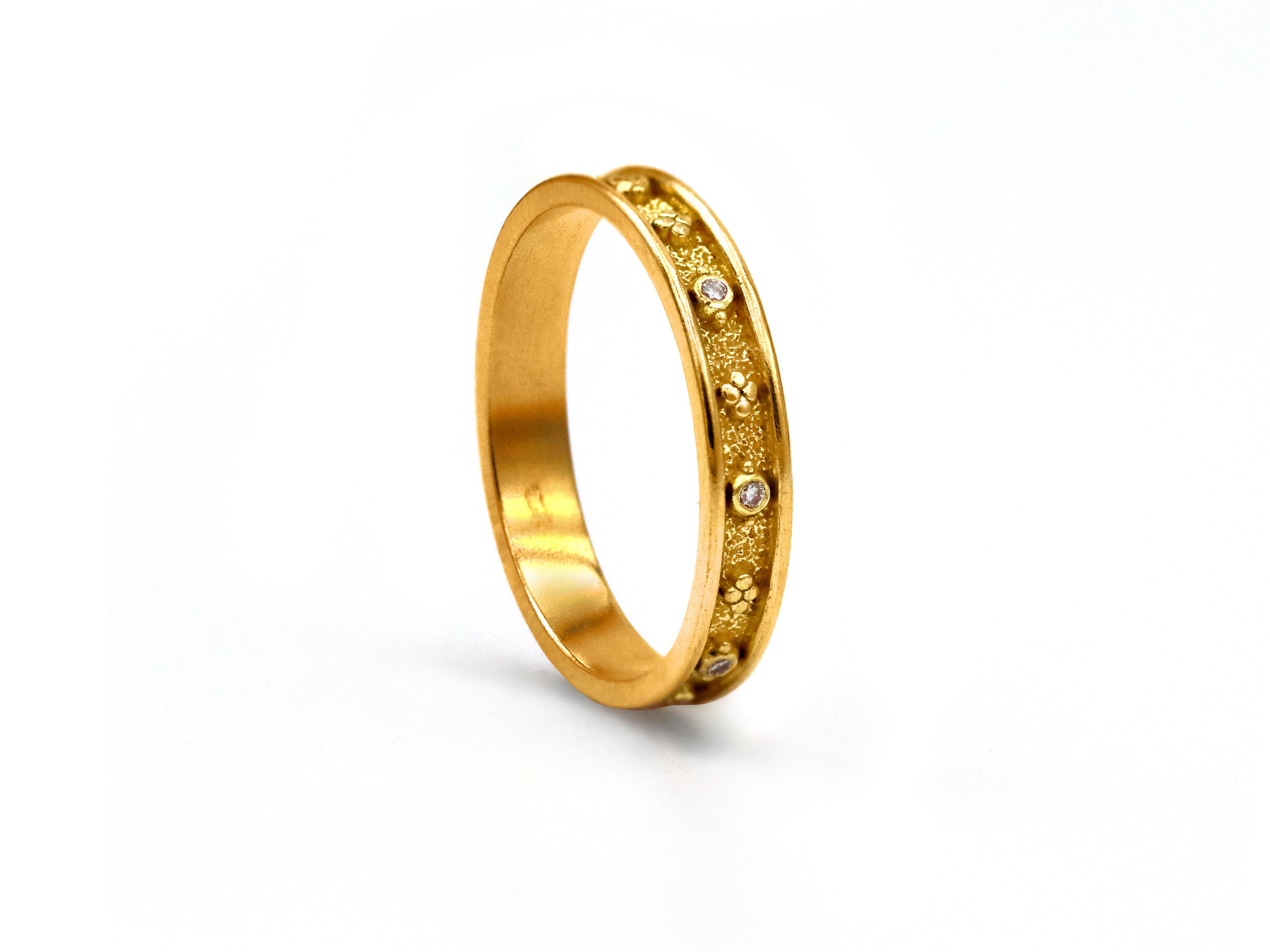 Neoclassical ring in the narrow band set in 18k yellow gold and decorated all the way around with natural brilliant cut diamonds. It’s a simple and elegant ring that can frame any other.

It can also be ordered in White or Rose Gold and with the