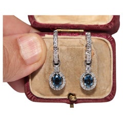 18k Gold New Made Natural Diamond And Blue Topaz Decorated Drop Earring