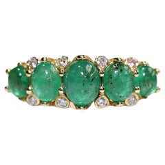18k Gold New Made Natural Diamond And Cabochon Cut Emerald Decorated Ring