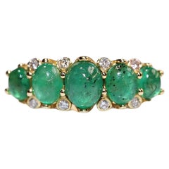 Antique 18k Gold New Made Natural Diamond And Cabochon Emerald Decorated Ring 