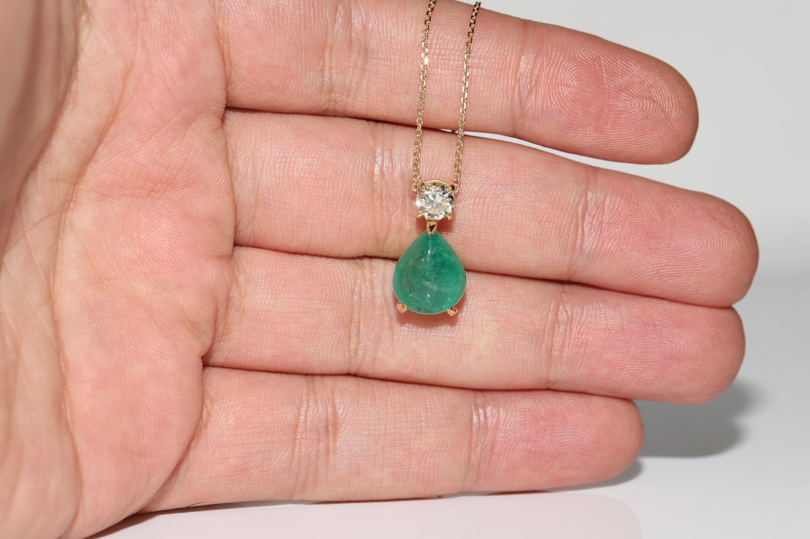 18k Gold New Made Natural Diamond And Cabochon Emerald Pendant Necklace For Sale 9