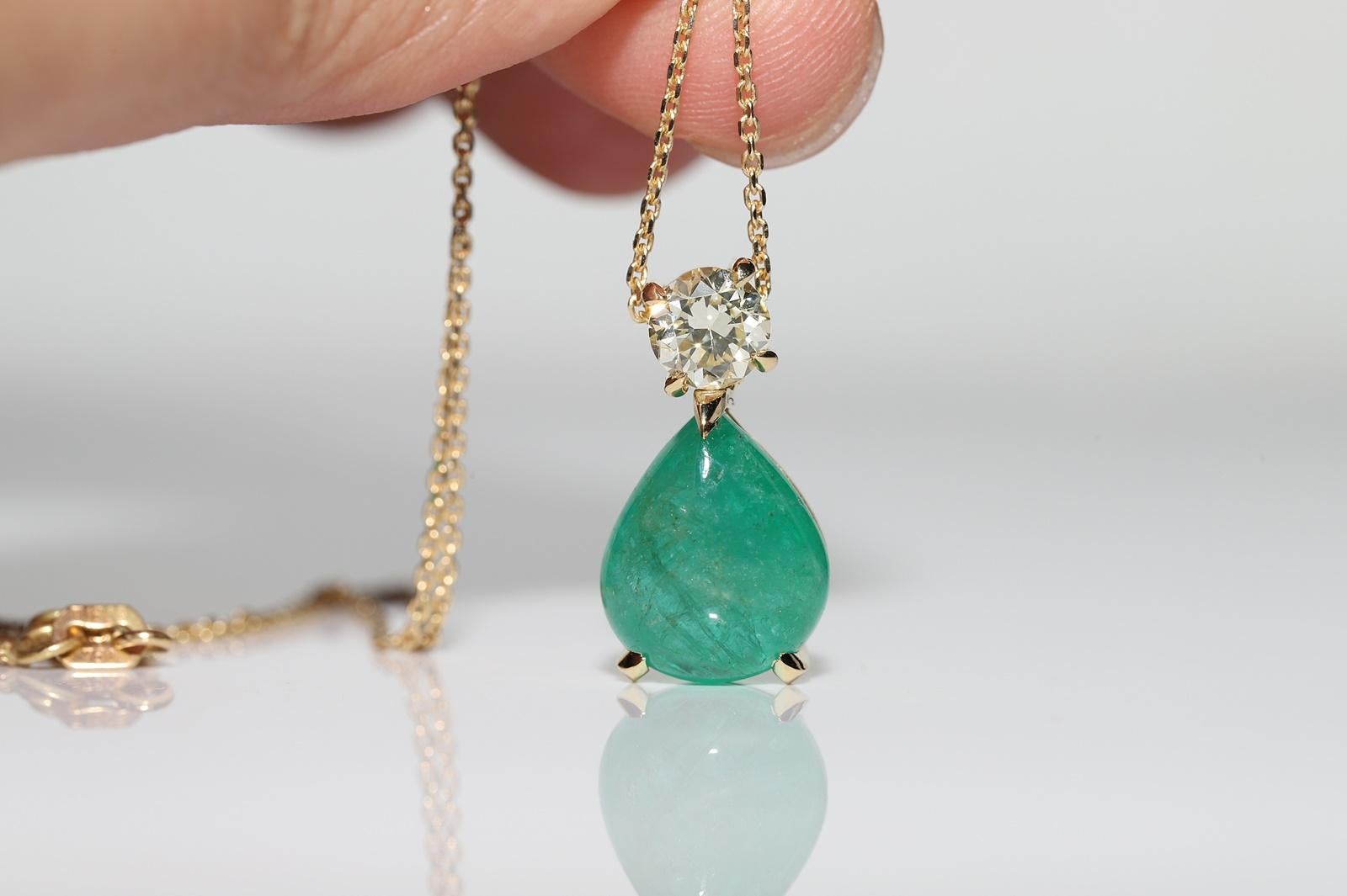 Collier pendentif en or 18k New Made, diamant naturel et émeraude cabochon Pour femmes en vente