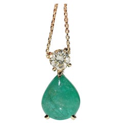 Collana con diamante naturale e smeraldo cabochon in oro 18k di nuova produzione