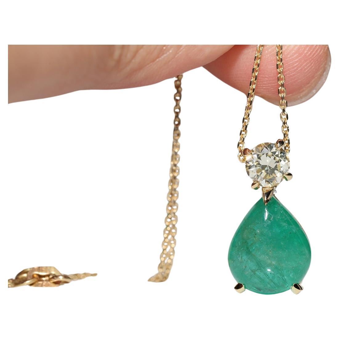 18k Gold New Made Natural Diamond And Cabochon Emerald Pendant Necklace For Sale