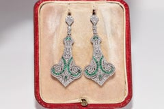 18k Gold New Made Natural Diamond And Caliber Cut Emerald Drop Earring