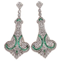 18k Gold New Made Natural Diamond And Caliber Cut Emerald Drop Earring