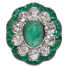 Anello da cocktail decorato con diamanti naturali e smeraldi, in oro 18 carati, di nuova fabbricazione