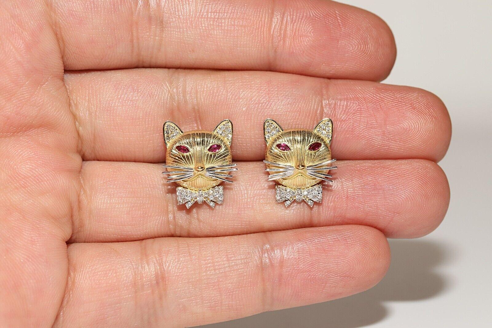 18k Gold New Made Natural Diamond And Ruby Decorated Cat Face Decorated Earring For Sale 5