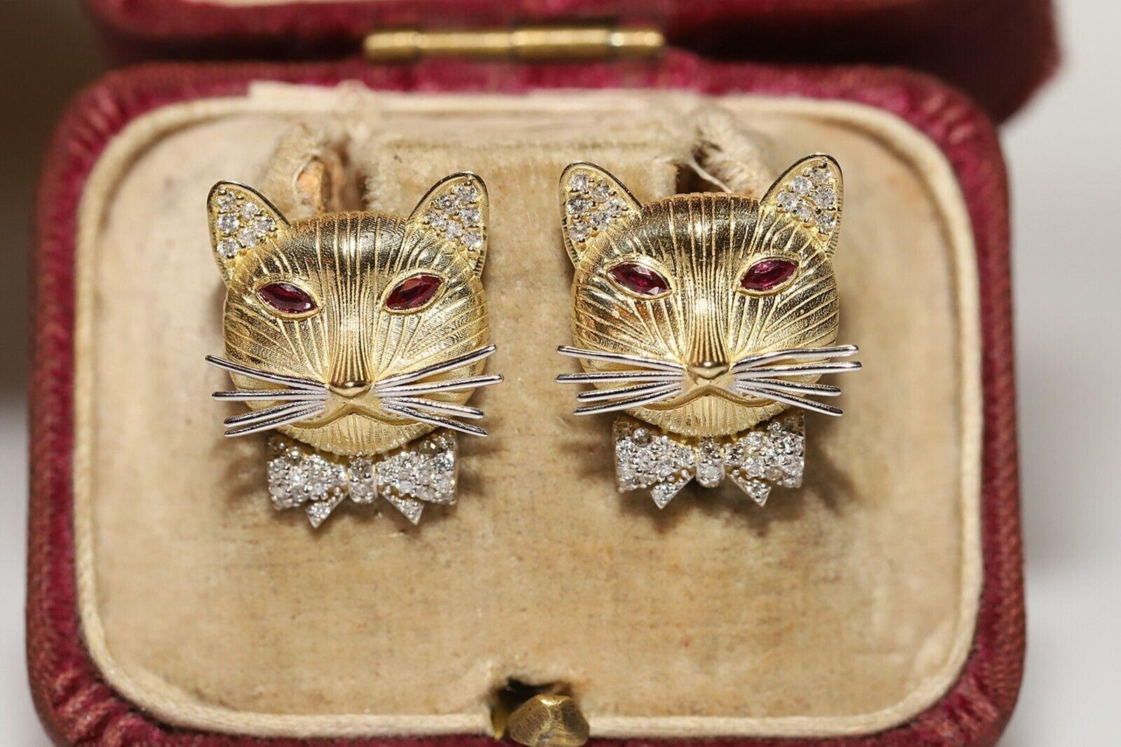 18k Gold New Made Natural Diamond And Ruby Decorated Cat Face Decorated Earring For Sale 7