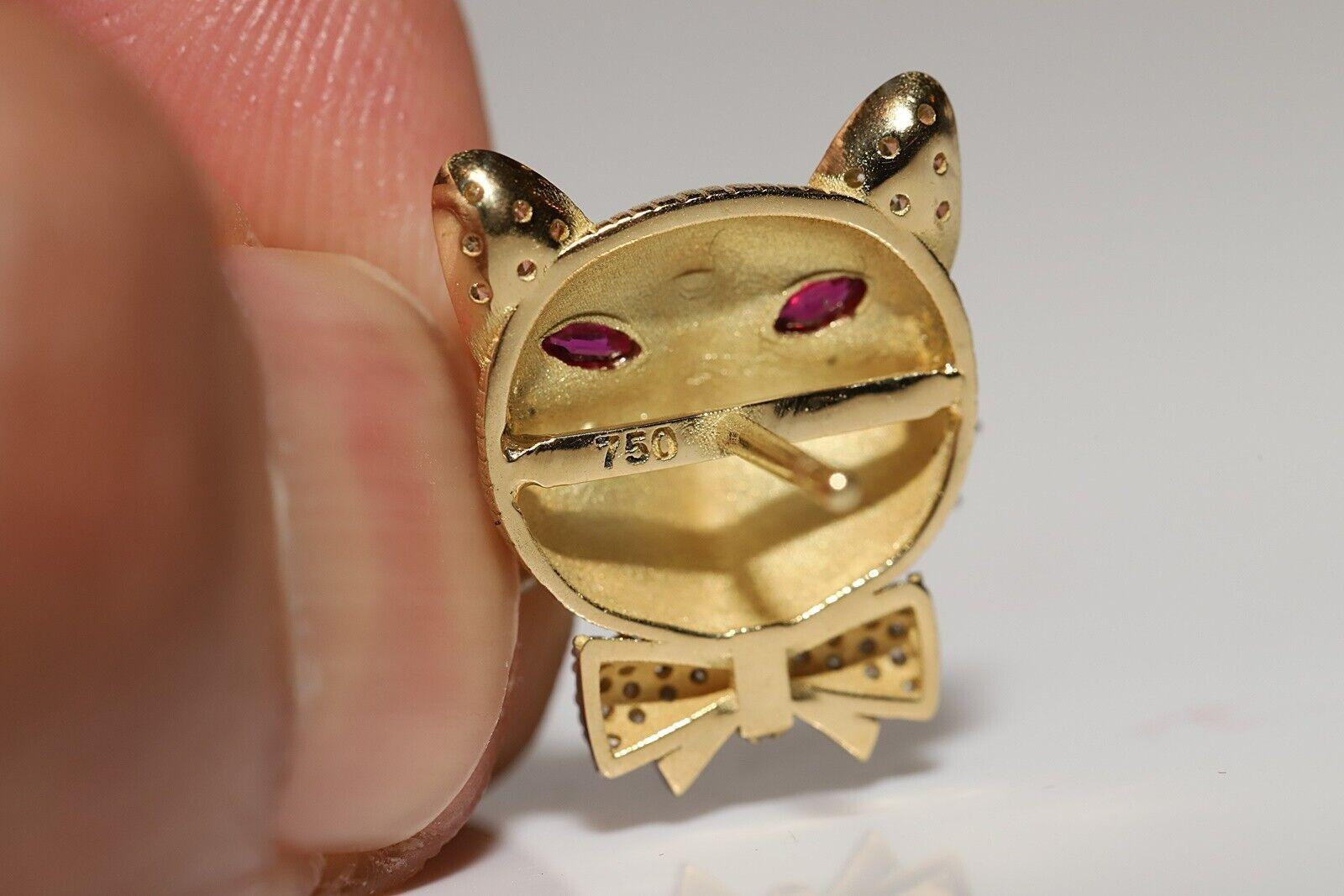 18k Gold New Made Natural Diamond And Ruby Decorated Cat Face Decorated Earring For Sale 2