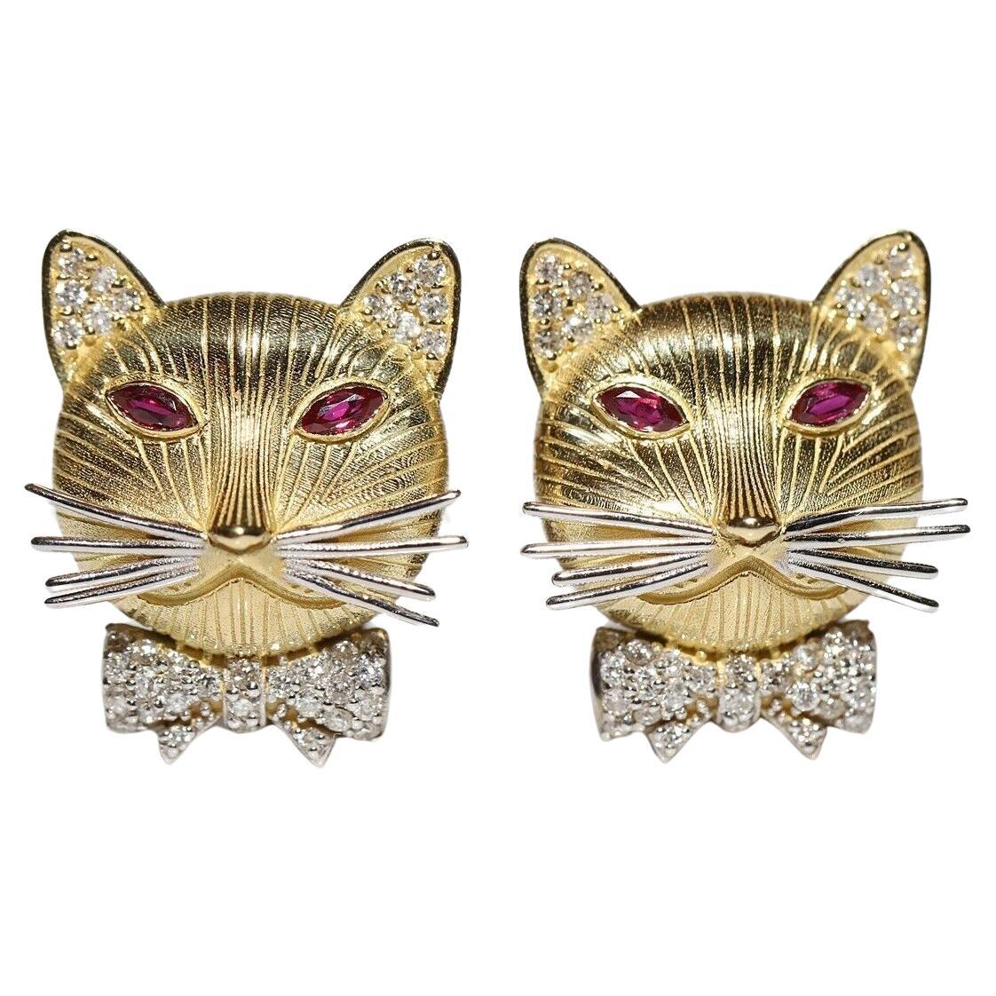 18k Gold New Made Natural Diamond And Ruby Decorated Cat Face Decorated Earring For Sale