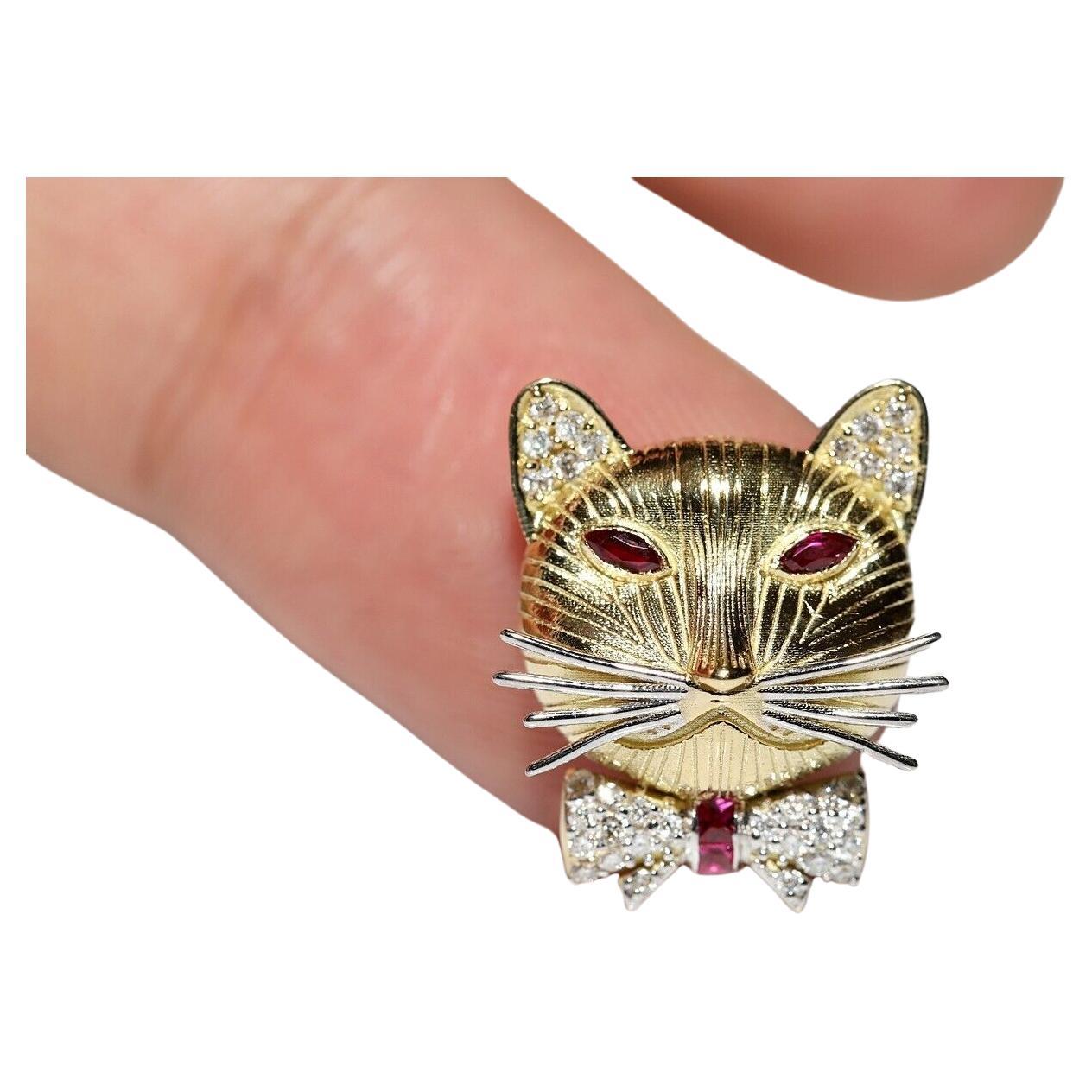18k Gold New Made Natural Diamond And Ruby Decorated Cat Necklace