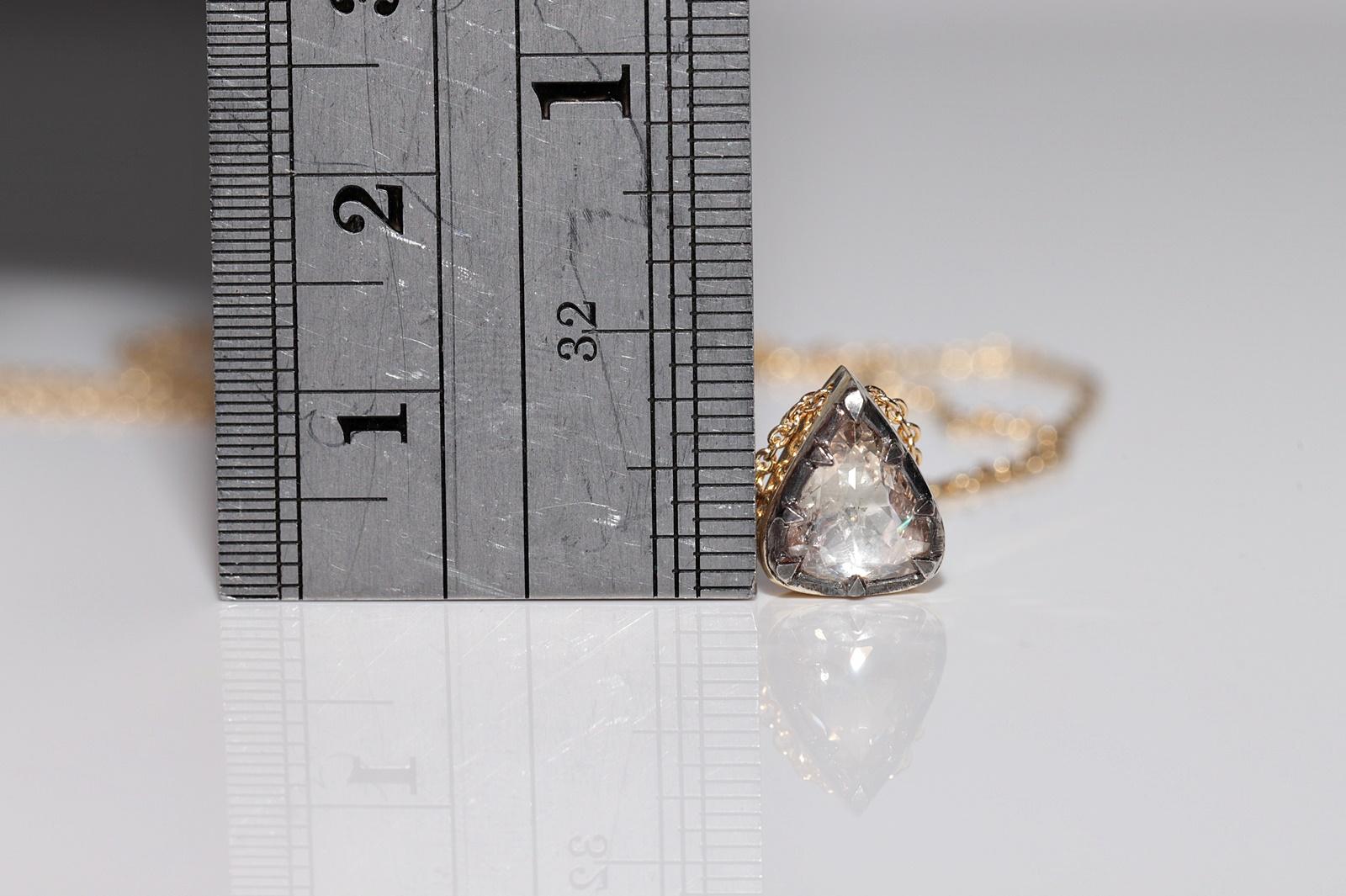Women's 18k Gold New Made Natural Drop Rose Cut Diamond Pendant Solitaire Necklace For Sale