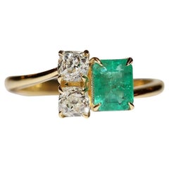 18k Gold New Made Natural Old Cut Diamond And Emerald Decorated Ring 