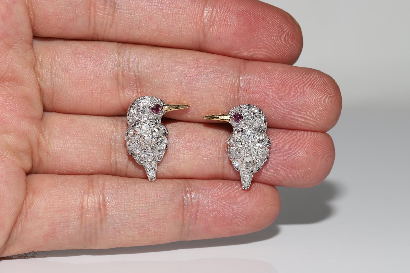 18K Gold New Made Natural Old Mine Cut Diamond And Ruby Decorated Bird Earring  For Sale 12