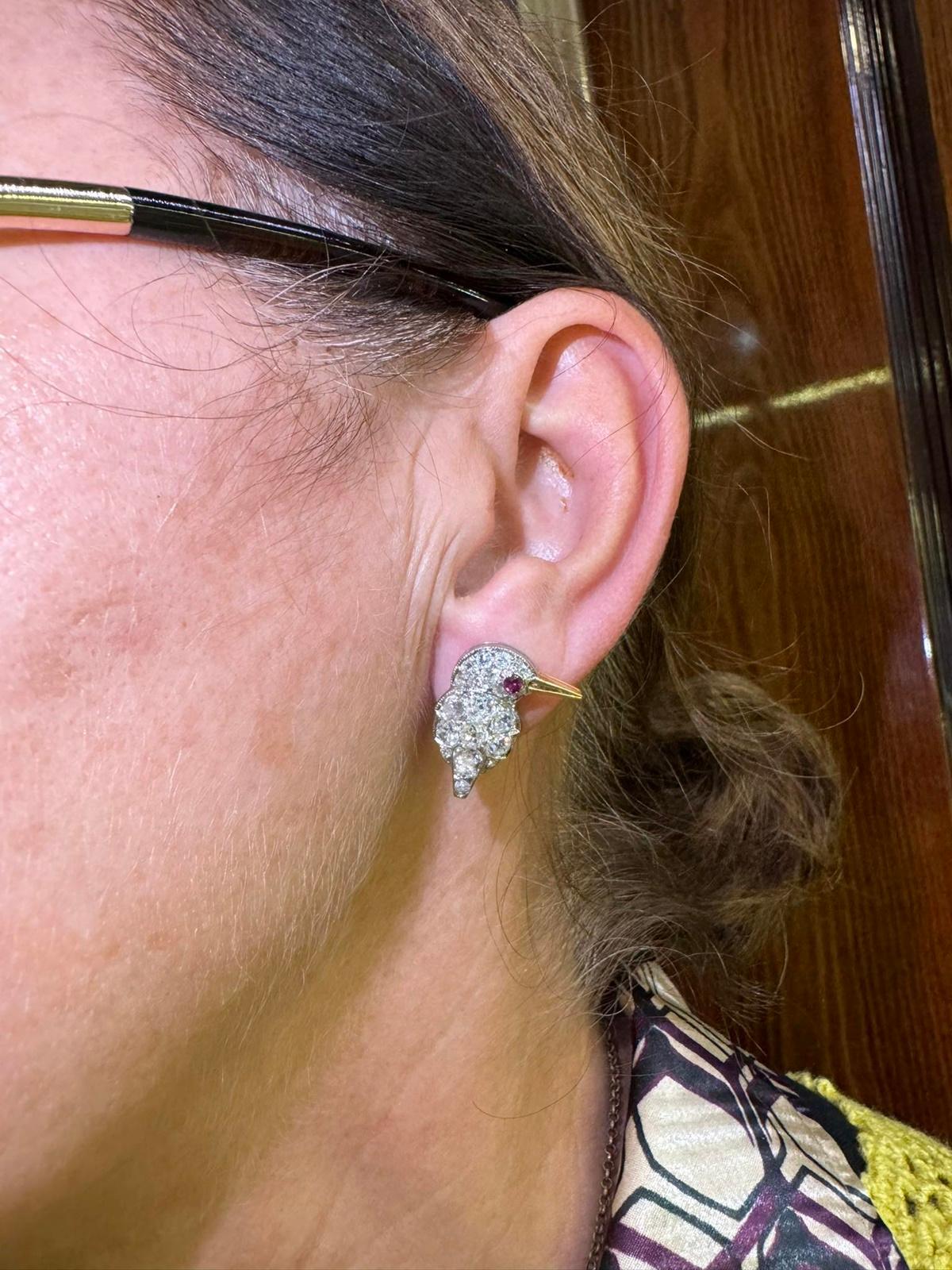 Boucle d'oreille oiseau en or 18K New Made Natural Old Mine Cut Diamond and Ruby Decorated Bird Earring en vente 12