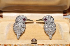 18K Gold New Made Natural Old Mine Cut Diamond And Ruby Decorated Bird Earring