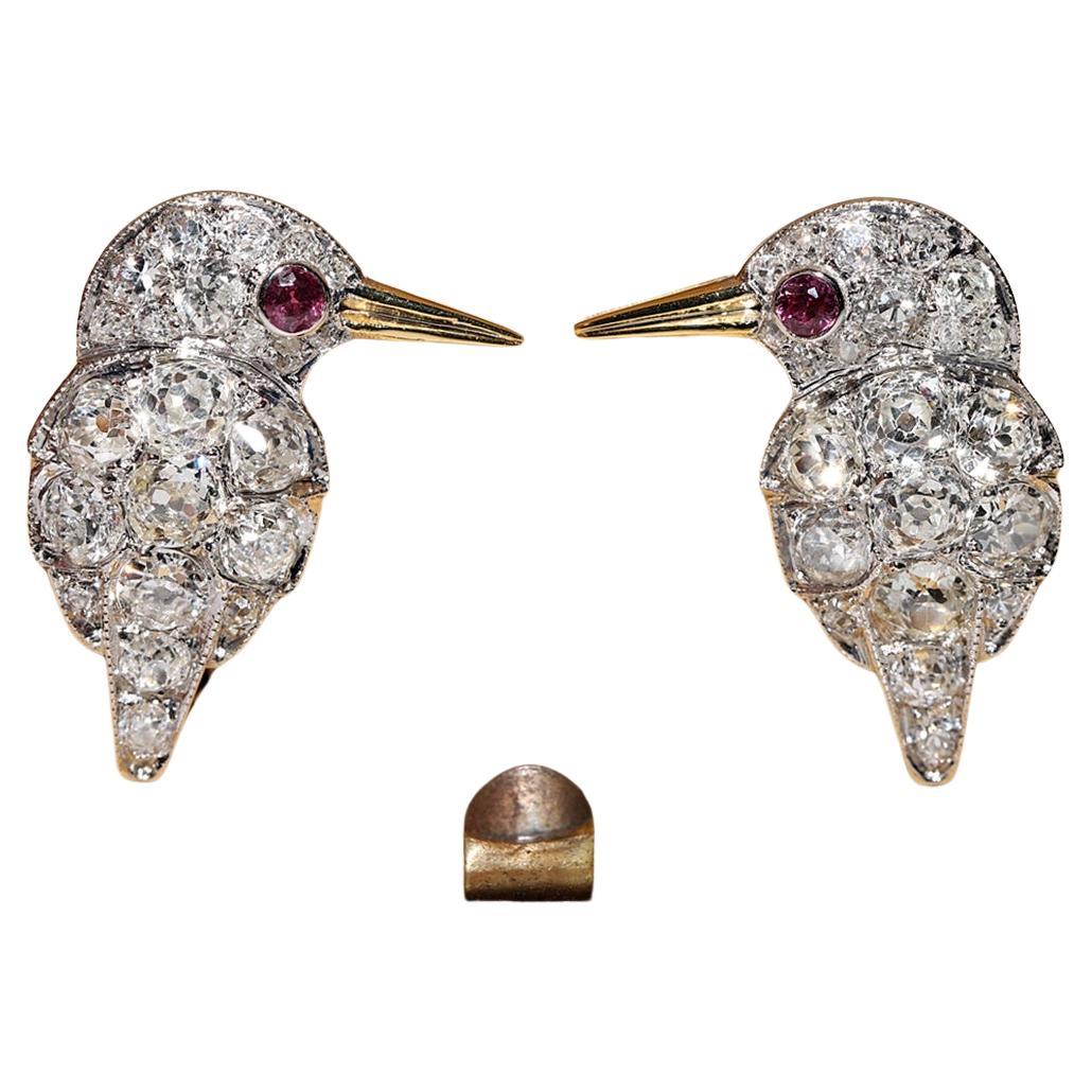 18K Gold New Made Natural Old Mine Cut Diamond And Ruby Decorated Bird Earring  For Sale
