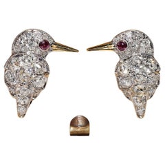 18K Gold New Made Natural Old Mine Cut Diamond And Ruby Decorated Bird Earring 