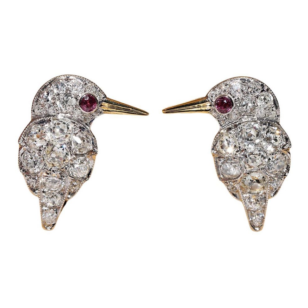 Pendiente de oro de 18 quilates con diamantes naturales talla antigua y rubí decorado con forma de pájaro