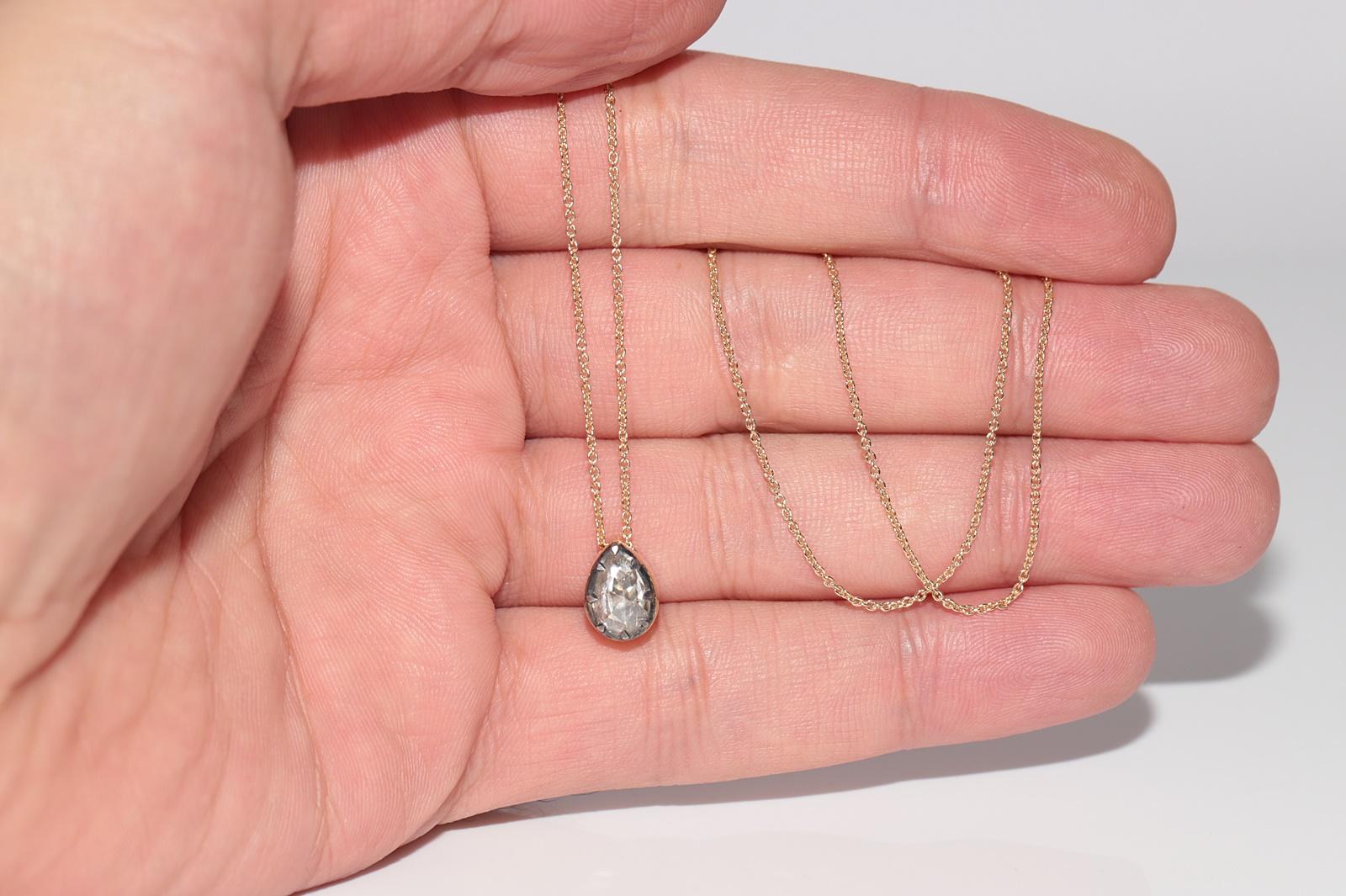 18k Gold New Made Natural Pear Cut Rose Cut Diamond Pendant Solitaire Necklace For Sale 5