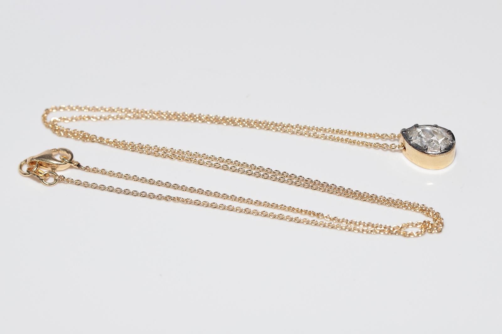 18k Gold New Made Natural Pear Cut Rose Cut Diamond Pendant Solitaire Necklace For Sale 6