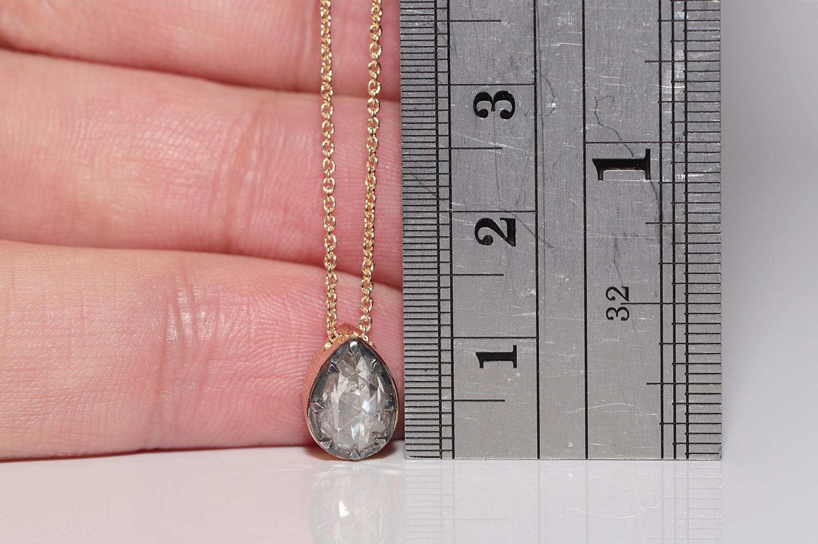 18k Gold New Made Natural Pear Cut Rose Cut Diamond Pendant Solitaire Necklace For Sale 7