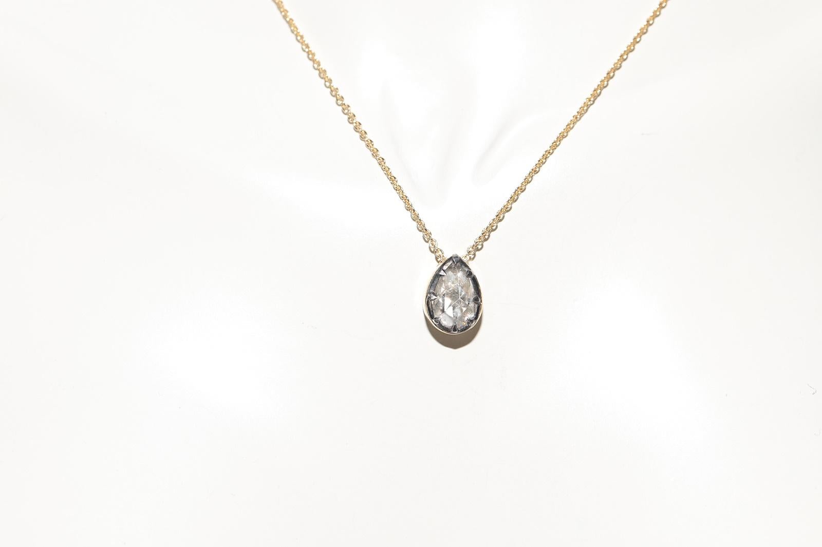 18k Gold New Made Natural Pear Cut Rose Cut Diamond Pendant Solitaire Necklace In Good Condition For Sale In Fatih/İstanbul, 34