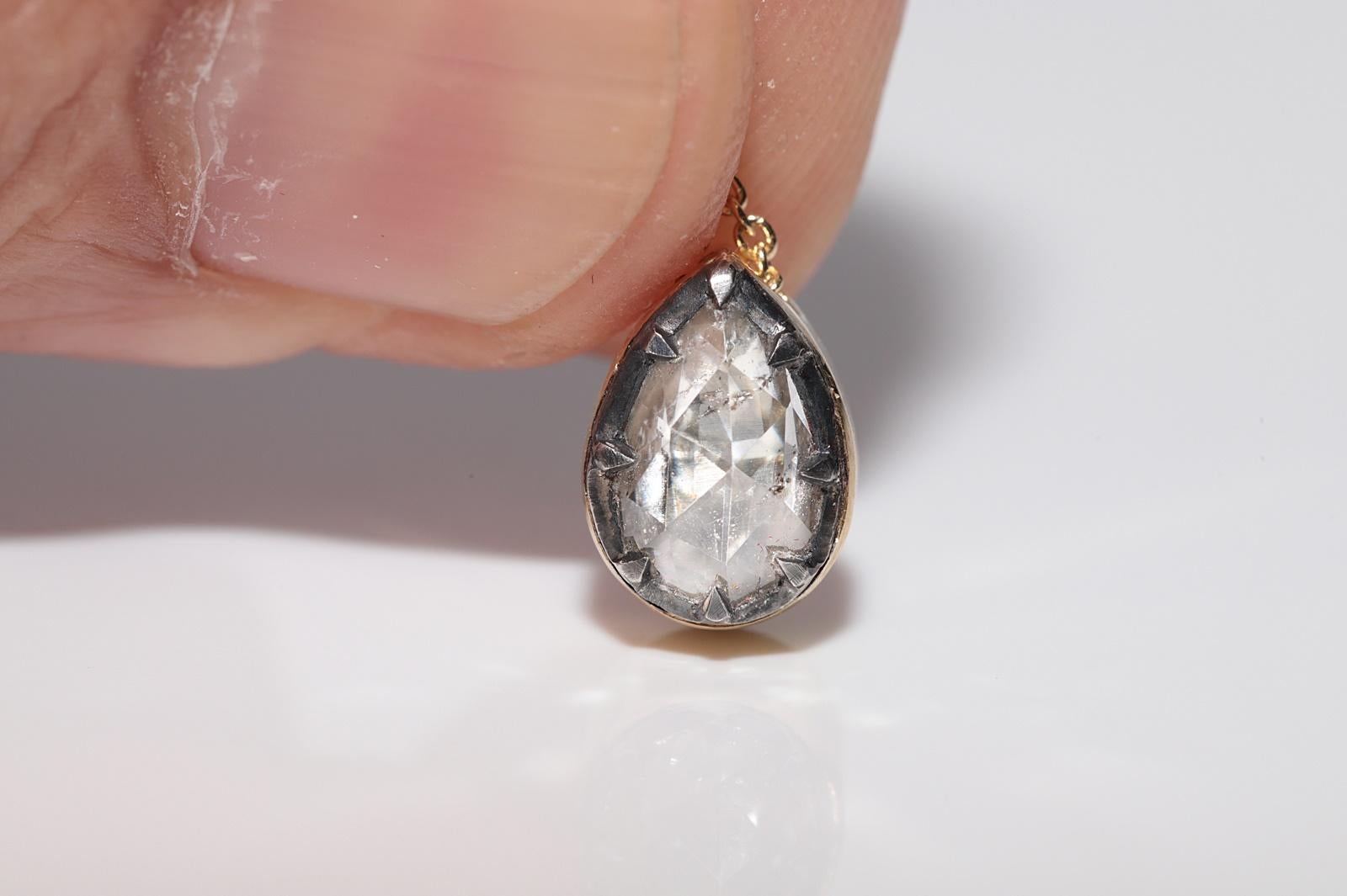 18k Gold New Made Natural Pear Cut Rose Cut Diamond Pendant Solitaire Necklace For Sale 3