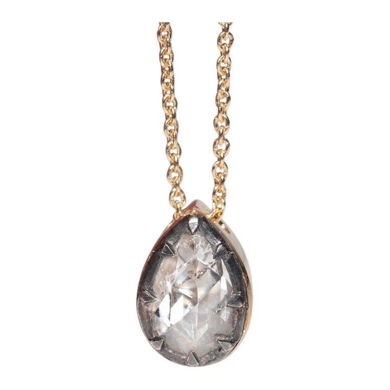 Collier en or 18k New Made Natural Pear Cut Rose Cut Diamond Pendant Solitaire Necklace