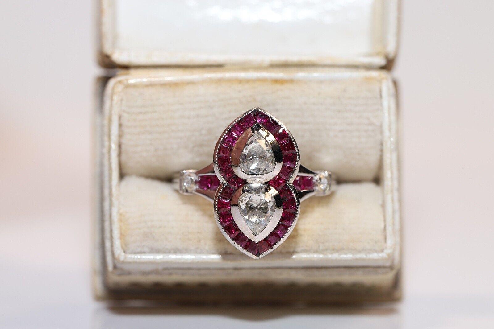 18k Gold New Made Natural Rose Cut Diamond And Caliber Cut Ruby Navette Ring For Sale 3