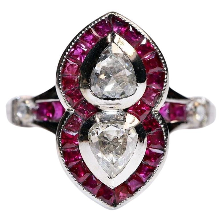 18k Gold New Made Natural Rose Cut Diamond And Caliber Cut Ruby Navette Ring For Sale