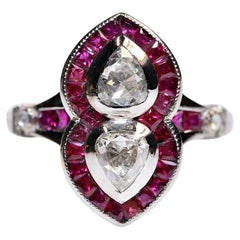 18k Gold New Made Natural Rose Cut Diamond And Caliber Cut Ruby Navette Ring