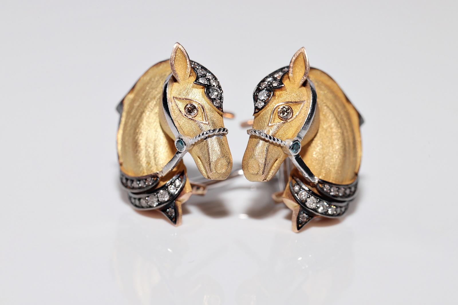 18k Gold Newmade Natural Diamond Decorated Horse Omega Back Earring For Sale 6