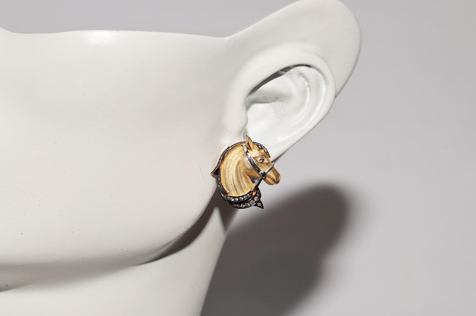 18k Gold Newmade Natural Diamond Decorated Horse Omega Back Earring For Sale 7