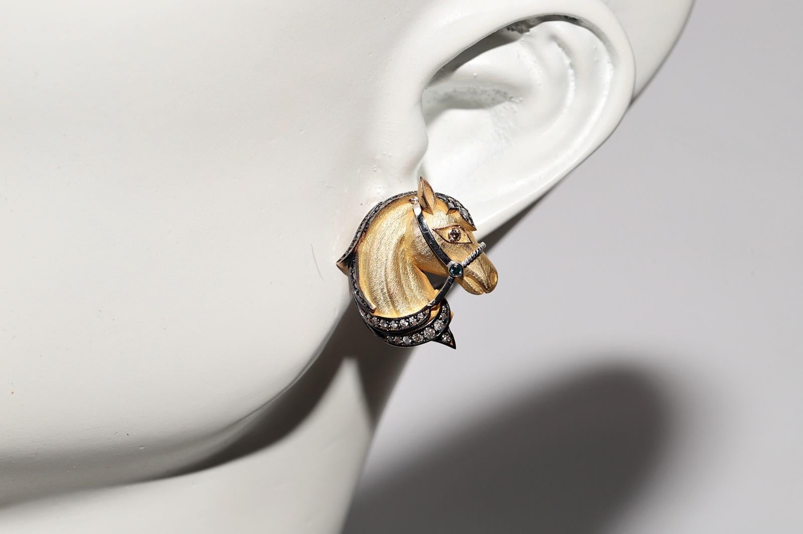 18k Gold Newmade Natural Diamond Decorated Horse Omega Back Earring For Sale 9