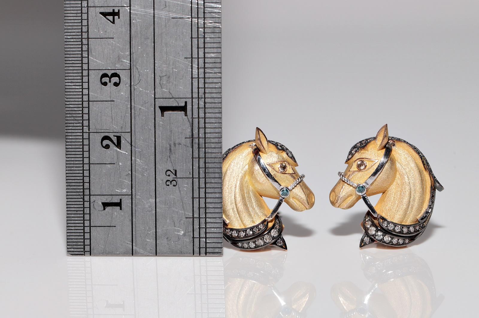 Modern 18k Gold Newmade Natural Diamond Decorated Horse Omega Back Earring For Sale