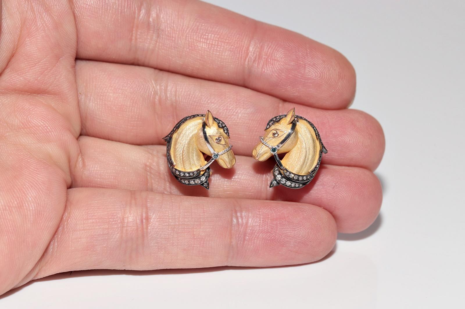 18k Gold Newmade Natural Diamond Decorated Horse Omega Back Earring In New Condition For Sale In Fatih/İstanbul, 34