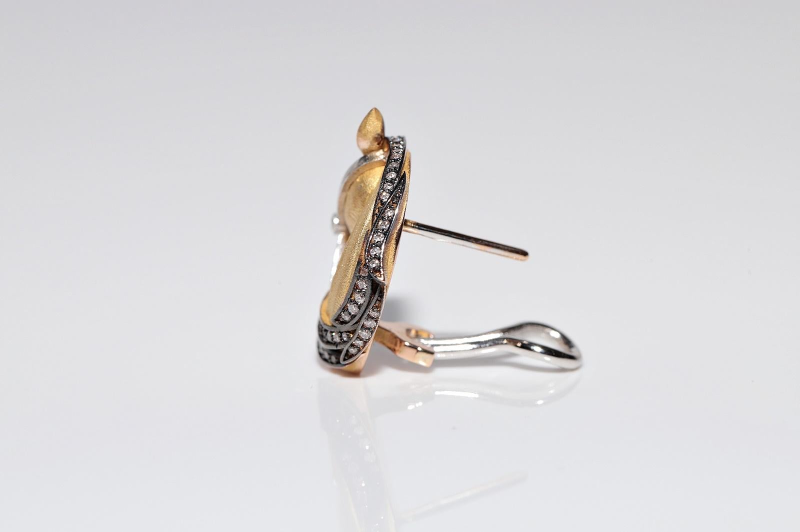 18k Gold Newmade Natural Diamond Decorated Horse Omega Back Earring For Sale 2