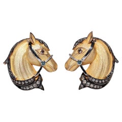 18k Gold Newmade Natural Diamond Decorated Horse Omega Back Earring