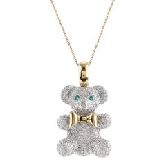 Nounours Mignon Cute 18K Gold Teddy Bear Pendant in Diamonds and Emeralds