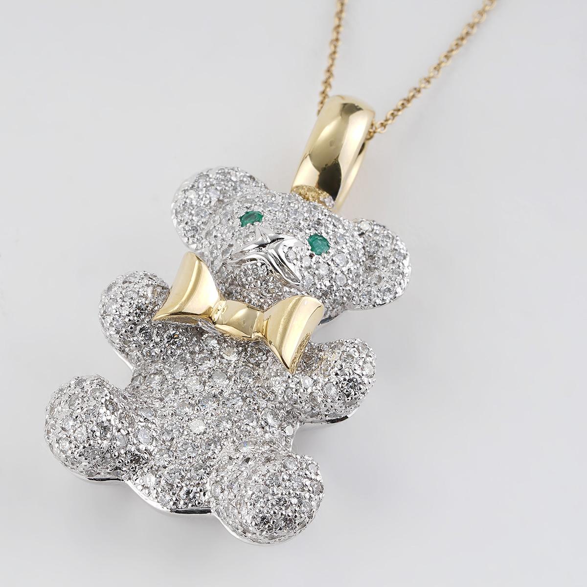 Modern Nounours Mignon Cute 18K Gold Teddy Bear Pendant in Diamonds and Emeralds For Sale
