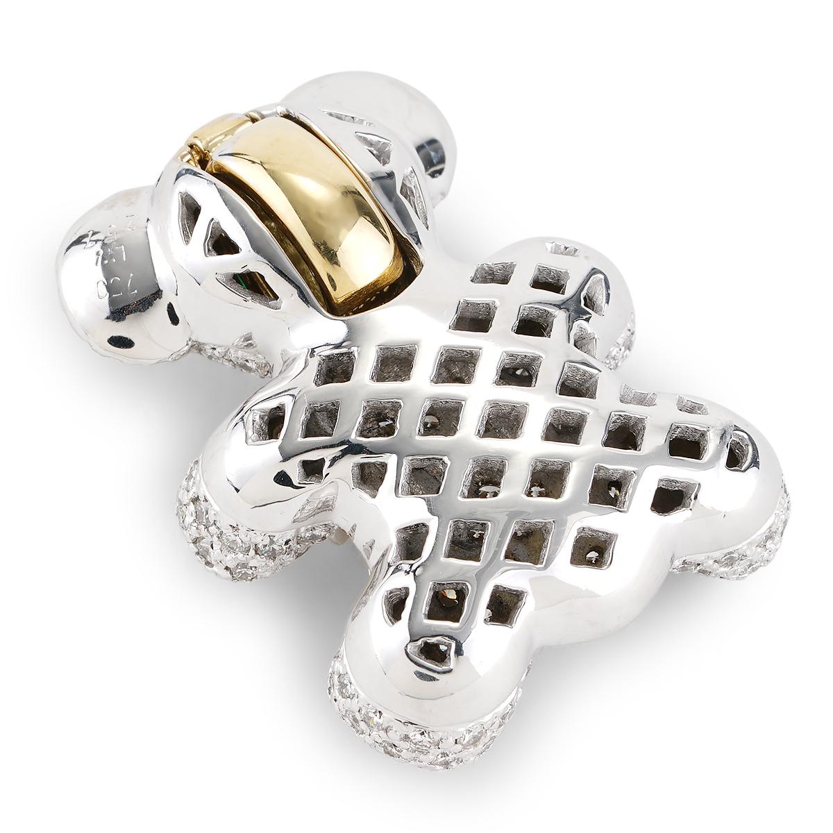 Round Cut Nounours Mignon Cute 18K Gold Teddy Bear Pendant in Diamonds and Emeralds For Sale