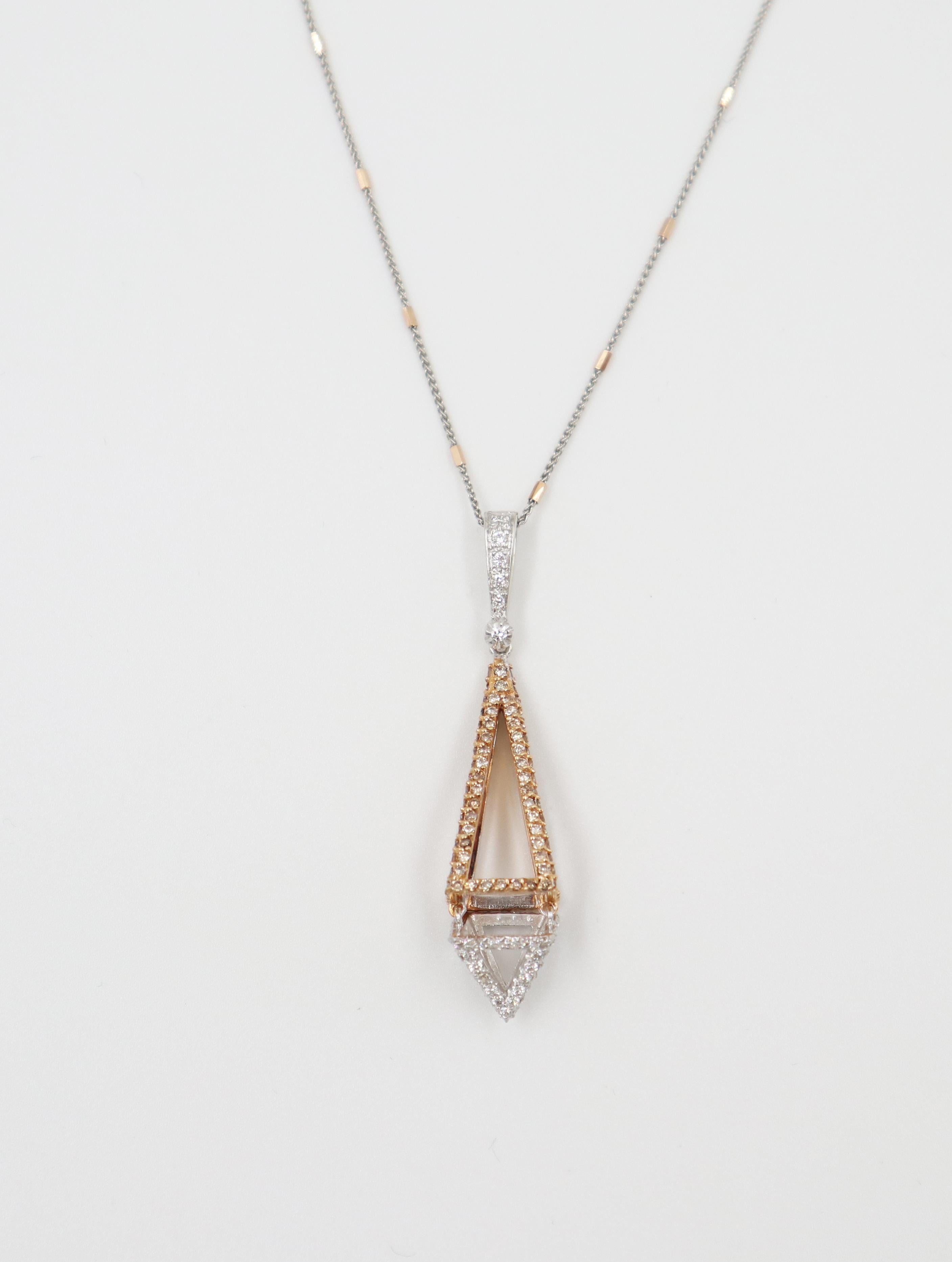 Contemporary  18k Gold Obelisk Necklace with White Diamonds and Champagne Diamonds For Sale