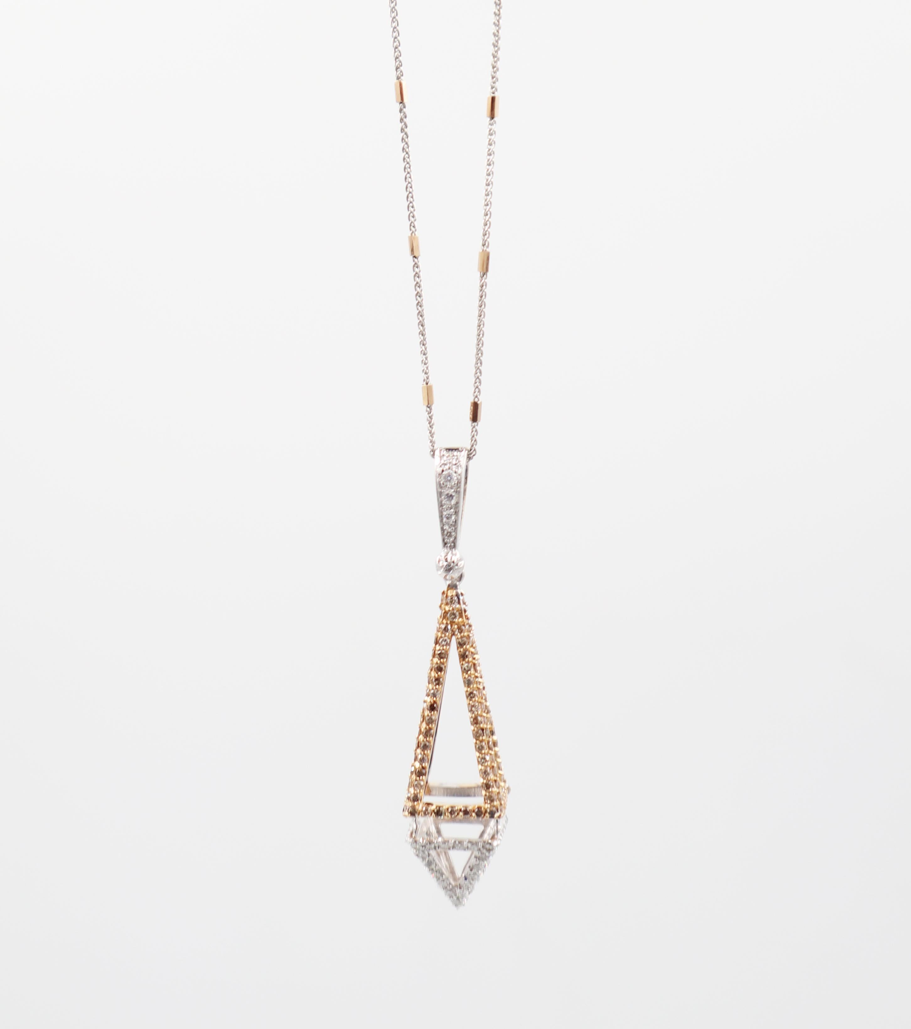 Brilliant Cut  18k Gold Obelisk Necklace with White Diamonds and Champagne Diamonds For Sale