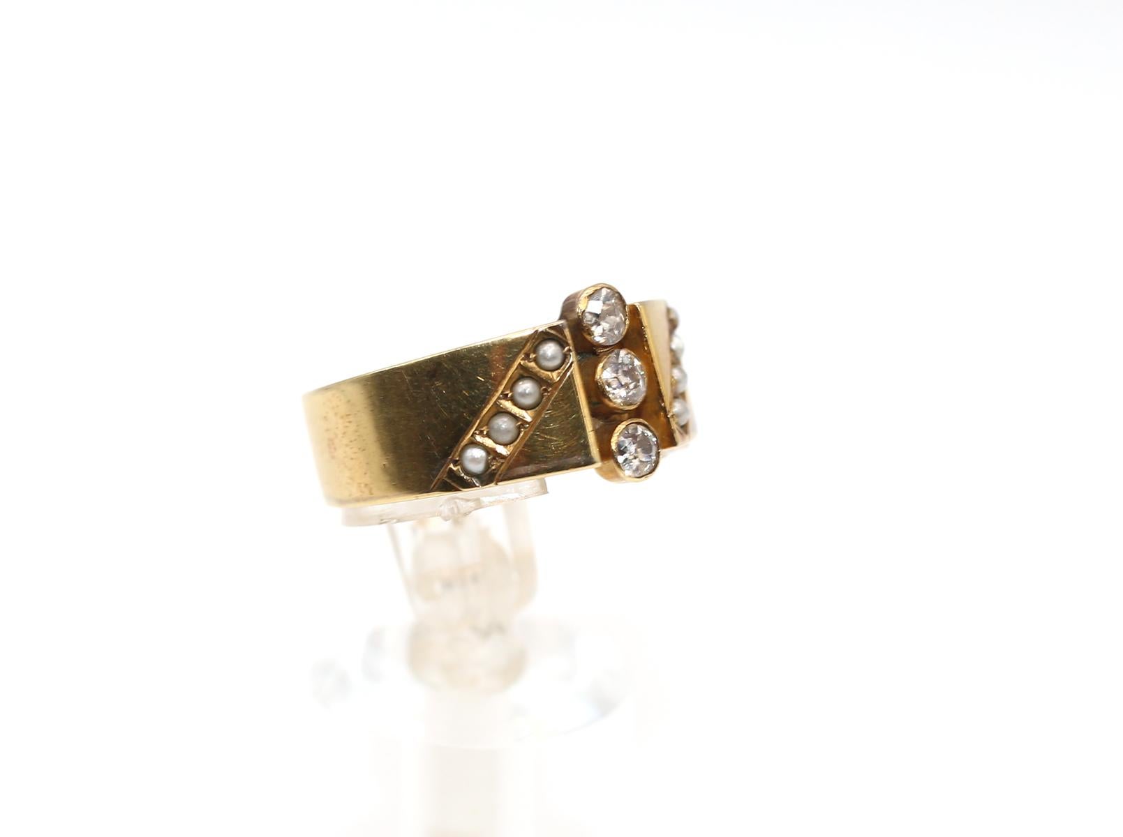 da uomo o donna Anello vintage in oro 18 carati con diamanti taglio vecchio e perle, 1930 in vendita