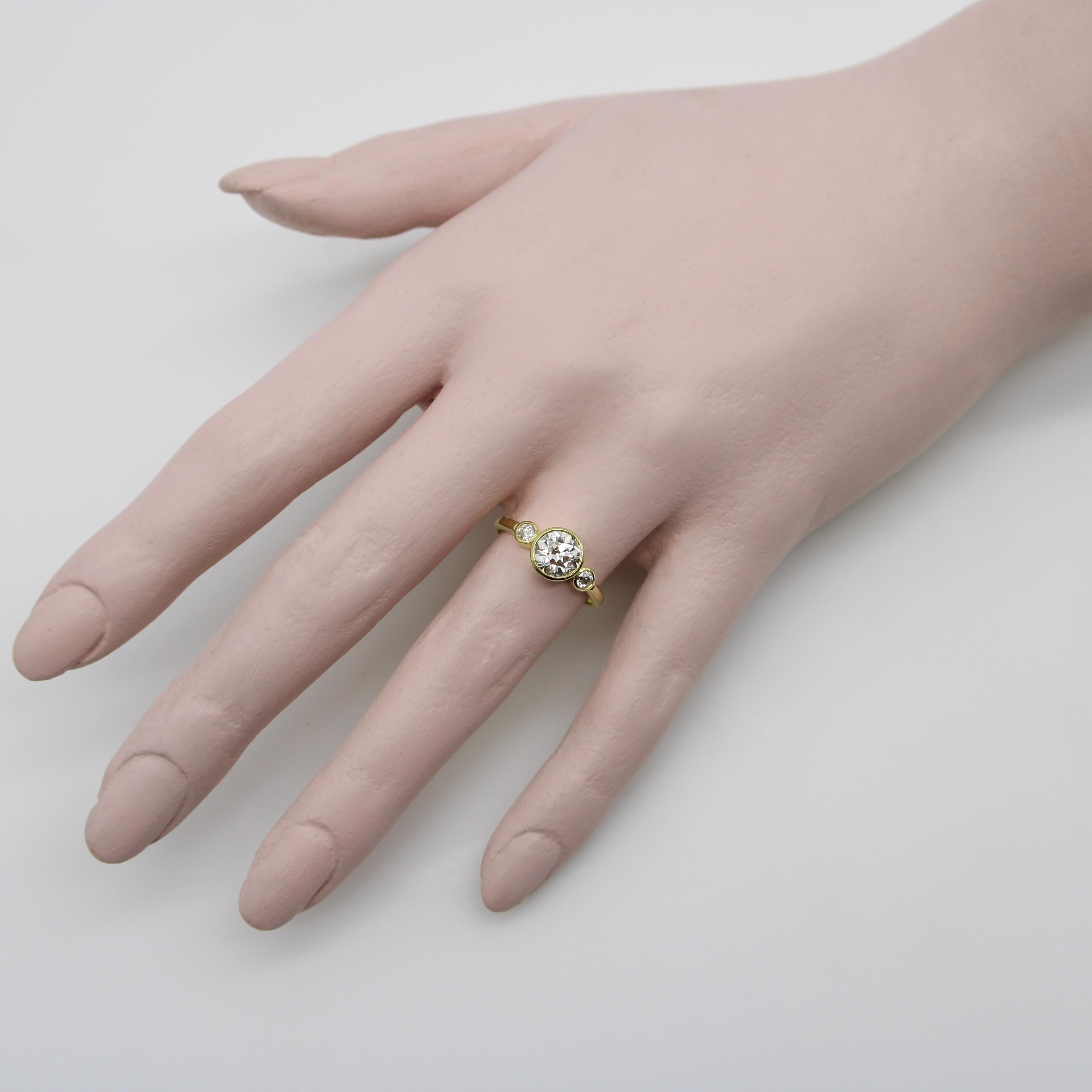 Women's or Men's 18K Gold Old European Cut Diamond Trilogy Engagement Ring  For Sale