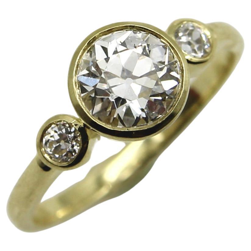 18K Gold Old European Cut Diamond Trilogy Engagement Ring 